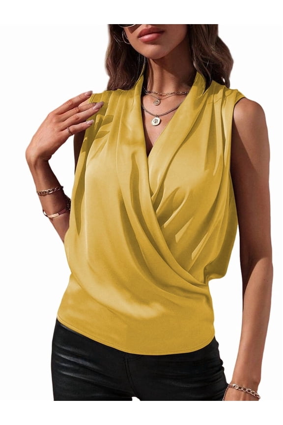 Women'S Elegant Satin Wrap V Neck Sleeveless Tank Blouse Tee Top Yellow L