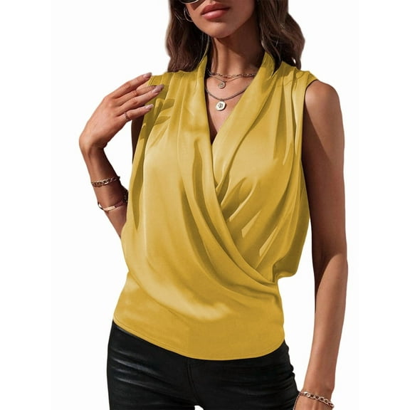 Women'S Elegant Satin Wrap V Neck Sleeveless Tank Blouse Tee Top Yellow XL