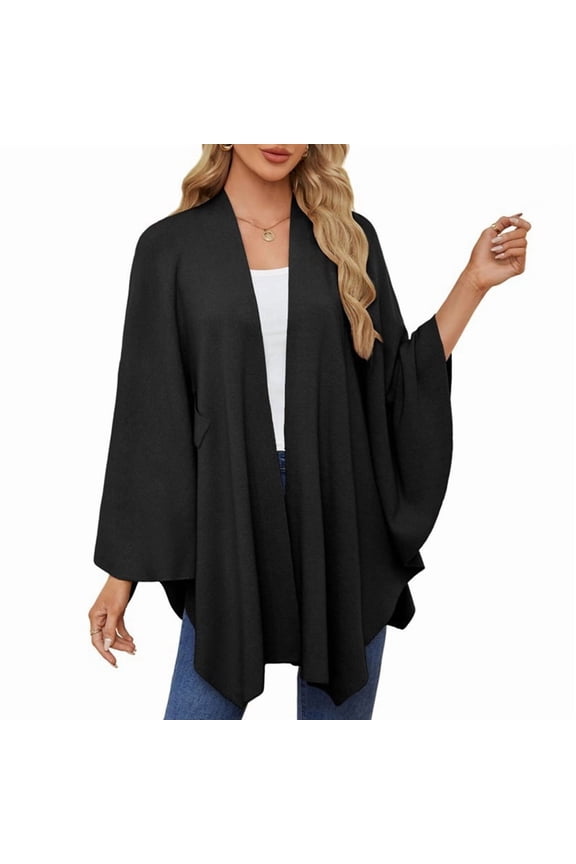 Women'S Elegant Shawl Wraps Soft Open Front Poncho Sweater for Spring Fall Winter Black One Size