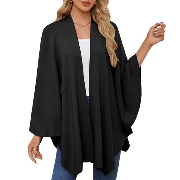 Women'S Elegant Shawl Wraps Soft Open Front Poncho Sweater for Spring Fall Winter Black One Size