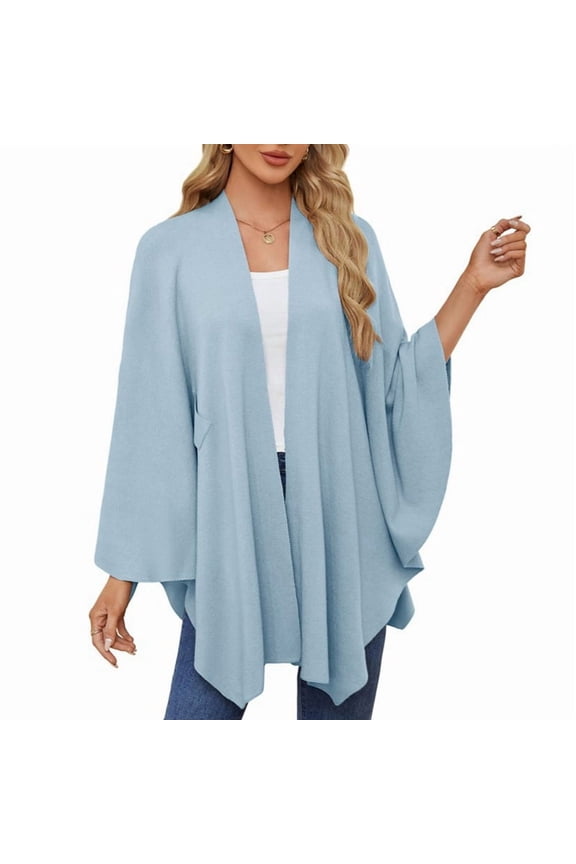 Women'S Elegant Shawl Wraps Soft Open Front Poncho Sweater for Spring Fall Winter Light Blue One Size