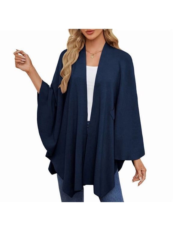Women'S Elegant Shawl Wraps Soft Open Front Poncho Sweater for Spring Fall Winter Navy Blue One Size