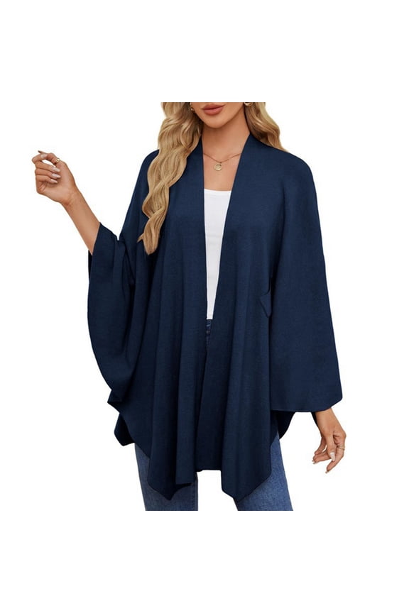 Women'S Elegant Shawl Wraps Soft Open Front Poncho Sweater for Spring Fall Winter Navy Blue One Size