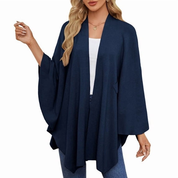 Women'S Elegant Shawl Wraps Soft Open Front Poncho Sweater for Spring Fall Winter Navy One Size