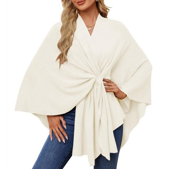 Women'S Elegant Shawl Wraps Soft Open Front Poncho Sweater for Spring Fall Winter White Milk One Size