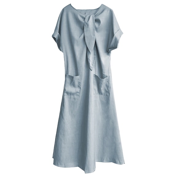 Women'S Elegant Short Sleeve Ribbon Pocket Flared Maxi Dress Casual Loose Fit Summer Dress Blue XXL