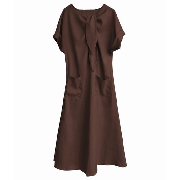Women'S Elegant Short Sleeve Ribbon Pocket Flared Maxi Dress Casual Loose Fit Summer Dress Brown L