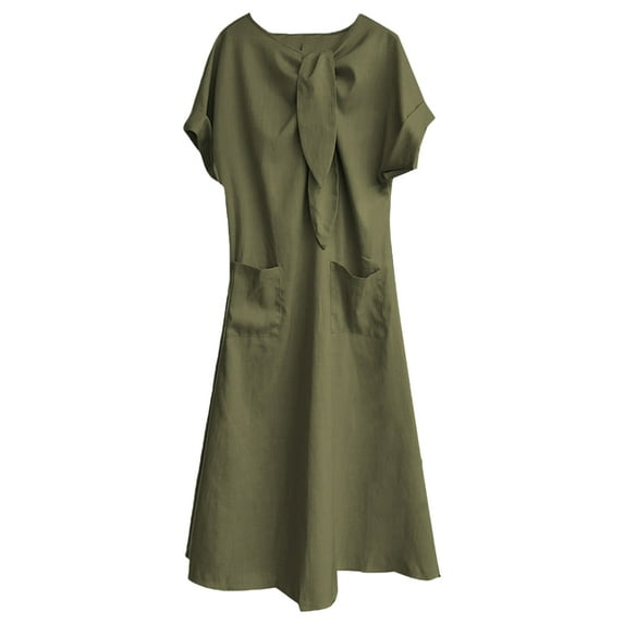 Women'S Elegant Short Sleeve Ribbon Pocket Flared Maxi Dress Casual Loose Fit Summer Dress Green M