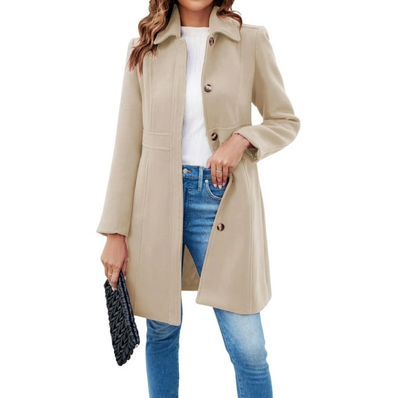 Women'S Elegant Single Breasted Coat Long Sleeve Mid Winter Overcoat Work Office Pea Coats Beige XXL