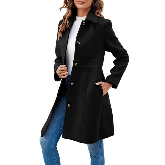 Women'S Elegant Single Breasted Coat Long Sleeve Mid Winter Overcoat Work Office Pea Coats Black M