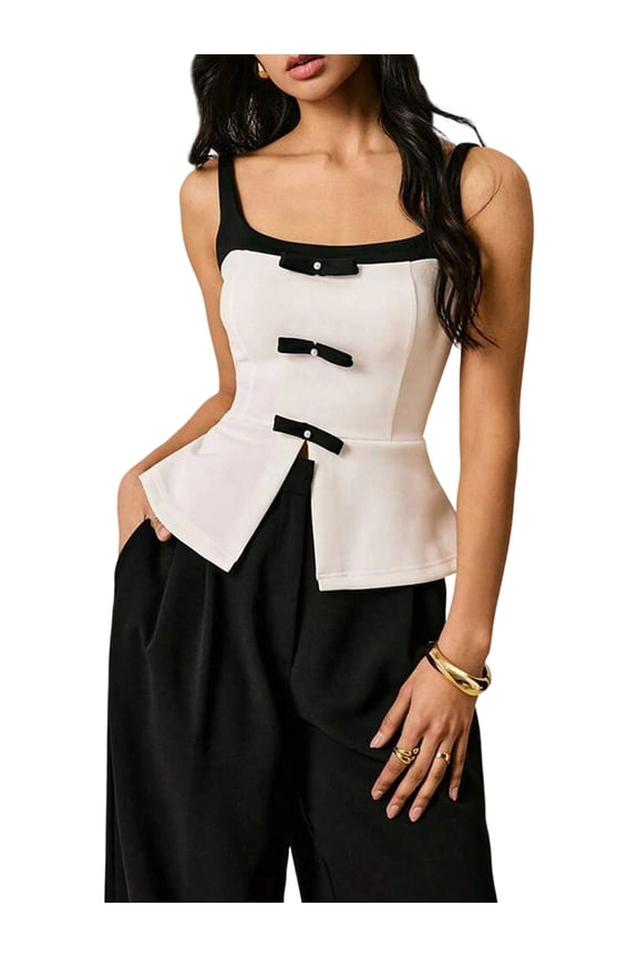 Women'S Elegant Sleeveless Tank Top Split Hem Flare Hem Camisole Trendy Clothes White M