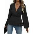 thumbnail image 1 of Women'S Elegant Solid Color Double Breasted Ruffle V-Neck Long Sleeved Shirt Black XXL, 1 of 8