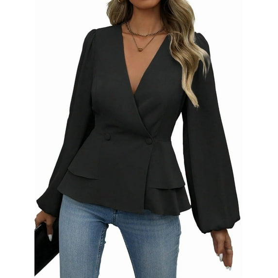 Women'S Elegant Solid Color Double Breasted Ruffle V-Neck Long Sleeved Shirt Black XXL