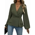 thumbnail image 1 of Women'S Elegant Solid Color Double Breasted Ruffle V-Neck Long Sleeved Shirt  Green XL, 1 of 8