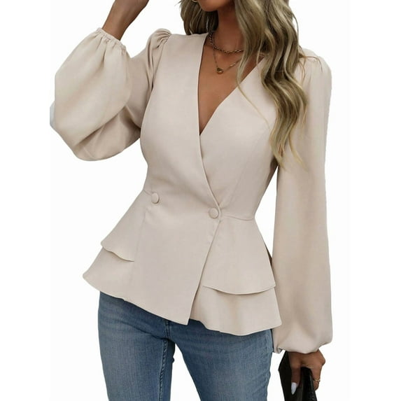 Women'S Elegant Solid Color Double Breasted Ruffle V-Neck Long Sleeved Shirt M
