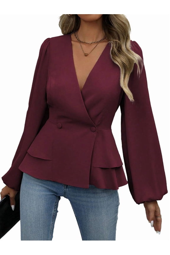 Women'S Elegant Solid Color Double Breasted Ruffle V-Neck Long Sleeved Shirt Wine Red L