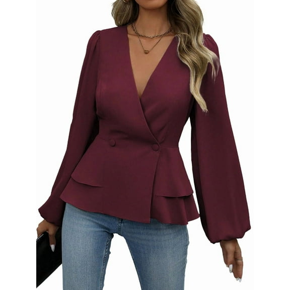 Women'S Elegant Solid Color Double Breasted Ruffle V-Neck Long Sleeved Shirt Wine Red M