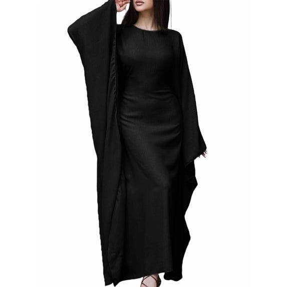 Women'S Elegant Solid Color Long Sleeve Dress Bat Sleeve Islamic Maxi Robe Black XL