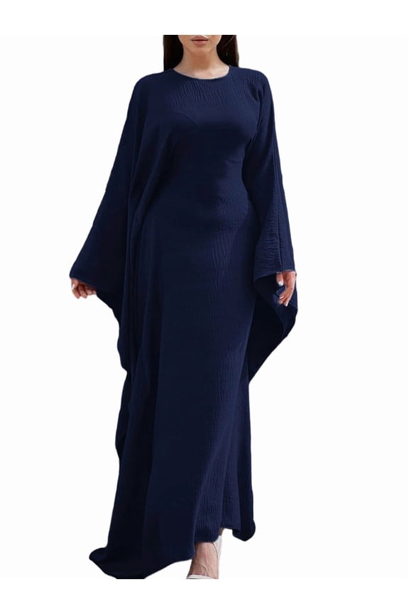 Women'S Elegant Solid Color Long Sleeve Dress Bat Sleeve Islamic Maxi Robe Navy Blue XL