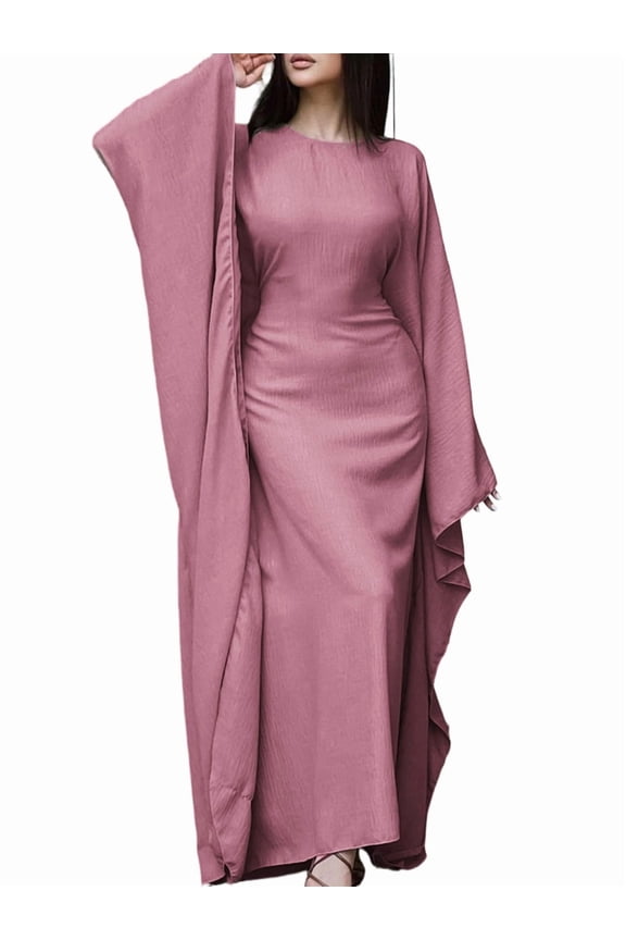 Women'S Elegant Solid Color Long Sleeve Dress Bat Sleeve Islamic Maxi Robe Pink L