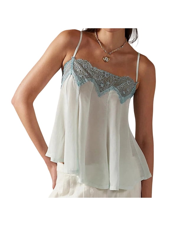 Women'S Elegant Spliced Lace Trim Adjustable Spaghetti Strap Flowy Camisole Top Light Green S