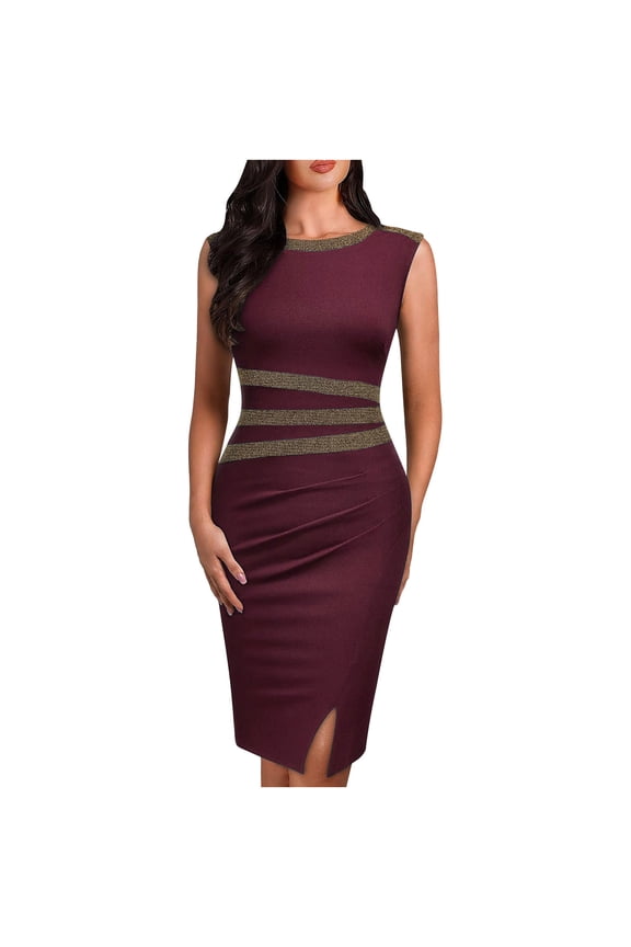 Women's Elegant Stamping Gold Plated Retro Color Contrast Spliced Fishtail Wrapped Hip Dress Women's Sleeveless Round Neck Knee Length Dress 50S Vintage Tape Cocktail Party Pencil Dress