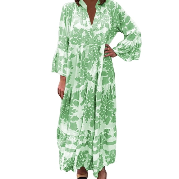 Women'S Elegant Stand Collar Trumpet Sleeve Printed Fashion Layered Three-Quarter Sleeve Maxi Dress Green L