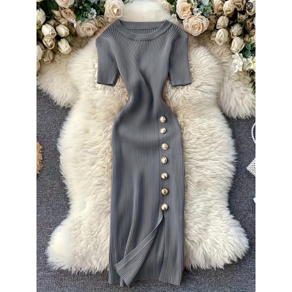 Women'S Elegant Striped Dress with Golden Buttons - Mid-Length, Short Sleeve, Round Neck, Stretchy Polyester Blend for Spring Summer DressRound Neckline Dress