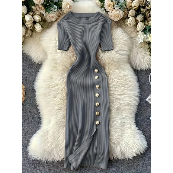 Women'S Elegant Striped Dress with Golden Buttons - Mid-Length, Short Sleeve, Round Neck, Stretchy Polyester Blend for Spring Summer DressRound Neckline Dress