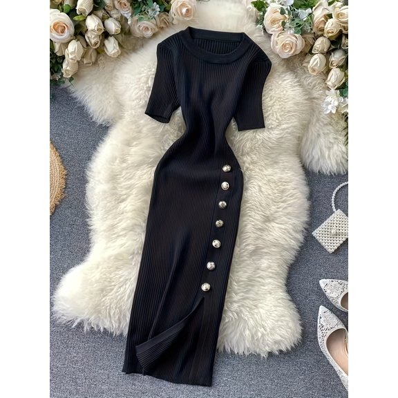 Women'S Elegant Striped Dress with Golden Buttons - Mid-Length, Short Sleeve, Round Neck, Stretchy Polyester Blend for Spring Summer DressRound Neckline Dress