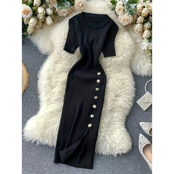 Women'S Elegant Striped Dress with Golden Buttons - Mid-Length, Short Sleeve, Round Neck, Stretchy Polyester Blend for Spring Summer DressRound Neckline Dress