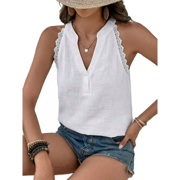 Women'S Elegant - V Neck Sleeveless Blouse Guipure Lace Work Office Top White S
