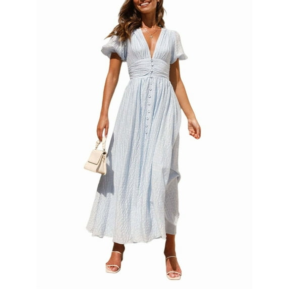 Women'S Elegant V Neck Solid Puff Sleeve Button Lady Beach Party Dress Blue L