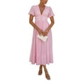 thumbnail image 1 of Women'S Elegant V Neck Solid Puff Sleeve Button Lady Beach Party Dress Pink S, 1 of 8