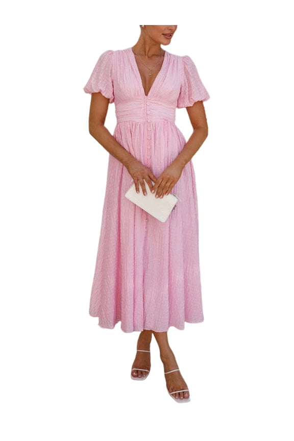 Women'S Elegant V Neck Solid Puff Sleeve Button Lady Beach Party Dress Pink S