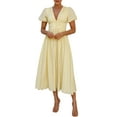 thumbnail image 1 of Women'S Elegant V Neck Solid Puff Sleeve Button Lady Beach Party Dress Yellow M, 1 of 8