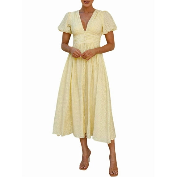Women'S Elegant V Neck Solid Puff Sleeve Button Lady Beach Party Dress Yellow M