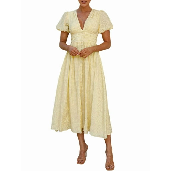 Women'S Elegant V Neck Solid Puff Sleeve Button Lady Beach Party Dress Yellow S