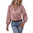 thumbnail image 1 of Women'S Elegant V-Neck with Lantern Sleeves Temperament Commuting Solid Color Shirt Top Pink XL, 1 of 7