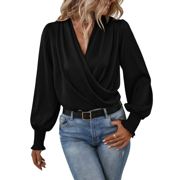 Women'S Elegant V-Neck with Lantern Sleeves Temperament Commuting Solid Color Shirt Top