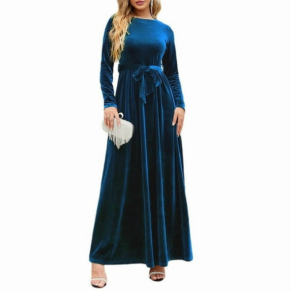 Women'S Elegant Velvet Belted Pleated Long Sleeve Cocktail Party Formal Wedding Guest A-Line Maxi Long Dress Blue XXL