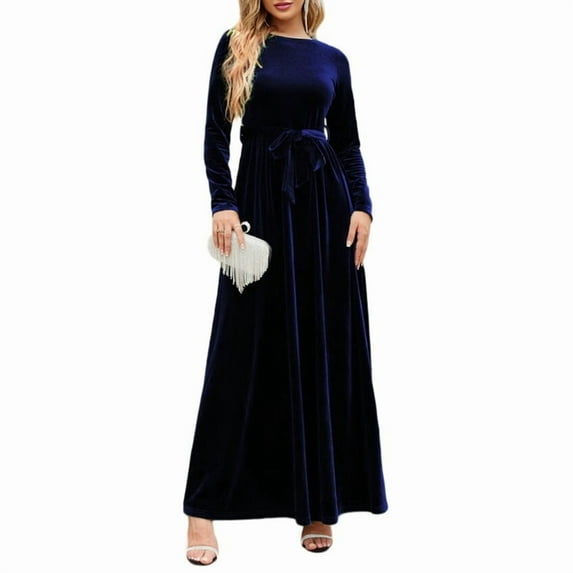 Women'S Elegant Velvet Belted Pleated Long Sleeve Party Formal Wedding Guest A-Line Maxi Long Dress Dark Blue L