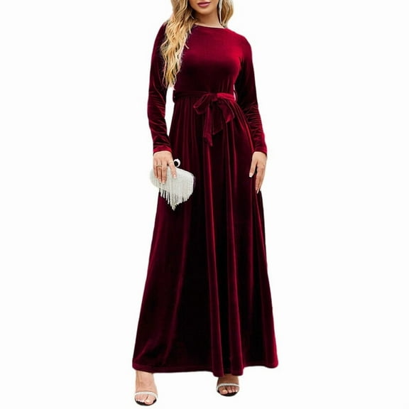 Women'S Elegant Velvet Belted Pleated Long Sleeve Party Formal Wedding Guest A-Line Maxi Long Dress Dark Red L