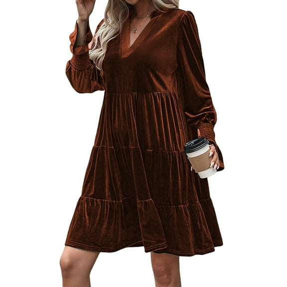 Women'S Elegant Velvet Long Sleeve Dress Casual Fall V Neck A Line Babydoll Flowy Formal Wedding Party Mini Dress Burn Orange M