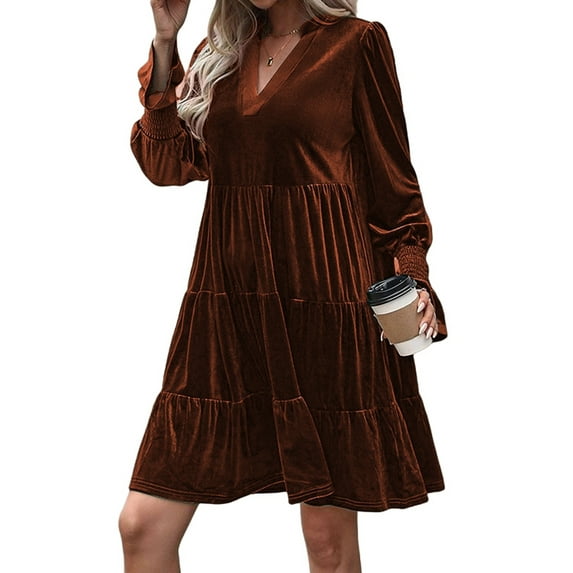 Women'S Elegant Velvet Long Sleeve Dress Casual Fall V Neck A Line Babydoll Flowy Formal Wedding Party Mini Dress Burn Orange XL
