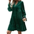 thumbnail image 1 of Women'S Elegant Velvet Long Sleeve Dress Casual Fall V Neck A Line Babydoll Flowy Formal Wedding Party Mini Dress Dark Green S, 1 of 8