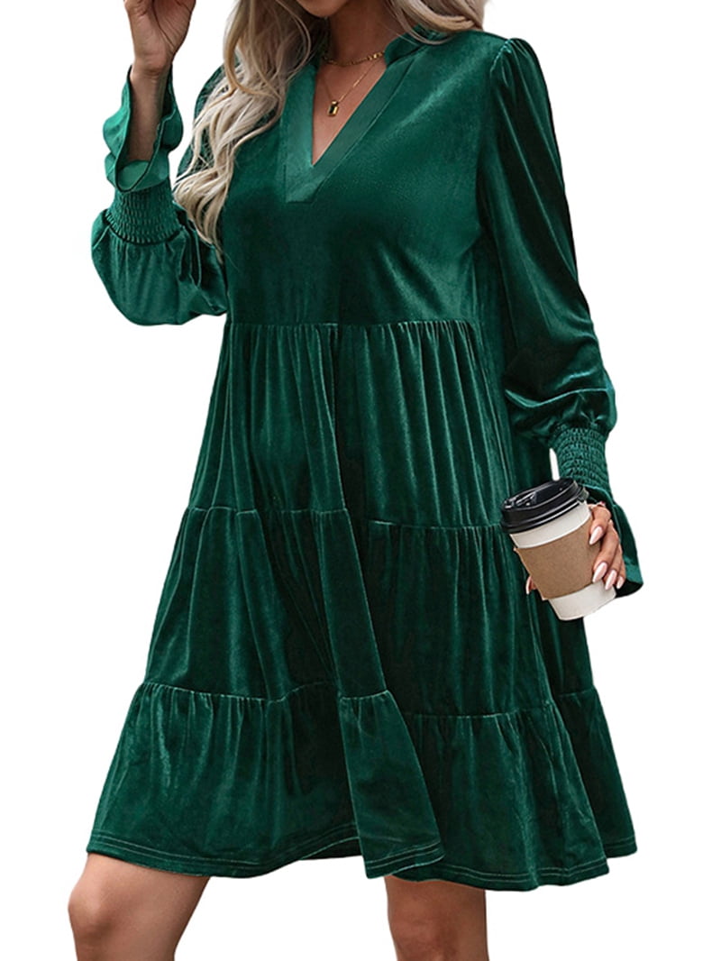 Women'S Elegant Velvet Long Sleeve Dress Casual Fall V Neck A Line Babydoll  Flowy Formal Wedding Party Mini Dress Dark Green XL