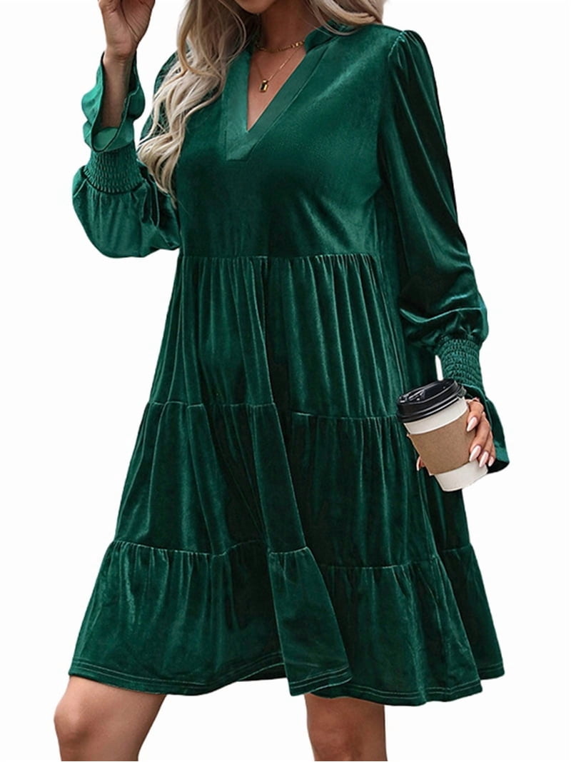 Women'S Elegant Velvet Long Sleeve Dress Casual Fall V Neck A Line Babydoll Flowy Formal Wedding Party Mini Dress Dark Green XL