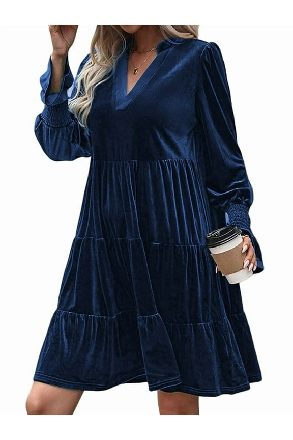 Women'S Elegant Velvet Long Sleeve Dress Casual Fall V Neck A Line Babydoll Flowy Formal Wedding Party Mini Dress Navy Blue S