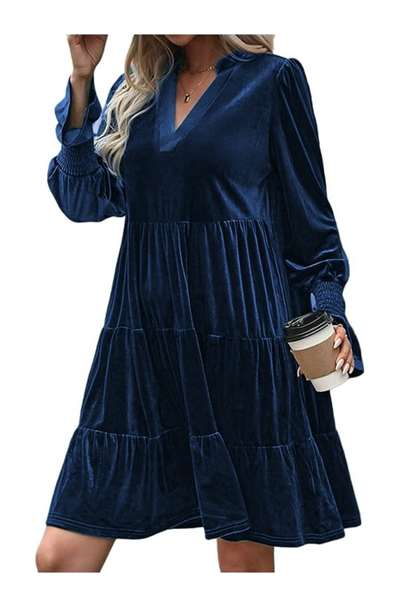 Women'S Elegant Velvet Long Sleeve Dress Casual Fall V Neck A Line Babydoll Flowy Formal Wedding Party Mini Dress Navy Blue XL